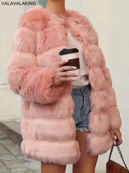 2026 Winter Long Sleeve Faux Fur Long Coat Women Elegant Pink Fluffy Outwear Jacket Lady Solid Casual Thick Warm Furry Outwear