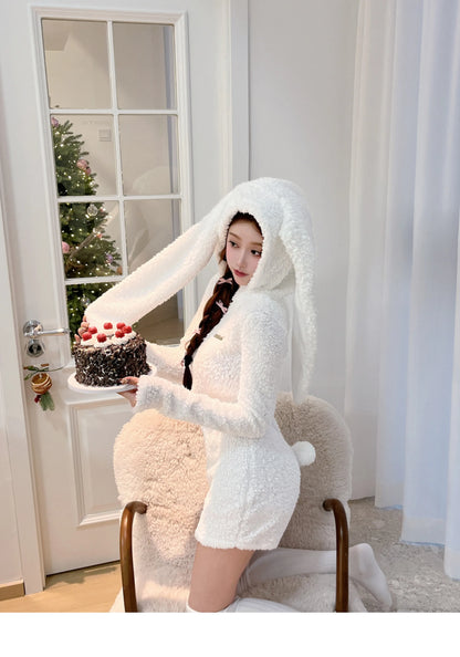 Pink Rabbit Hooded Fluffy Jumpsuits Sweet Zipper Long Sleeve Solid Color Rompers Flannel Onesie Shorts Pajamas Loungewear