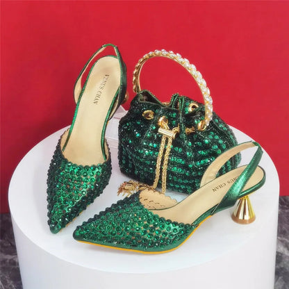 Multicolor Rhinestone Heels & Bag Set | Crystal Pointed Slingback Pumps, Women Wedding Bridal Evening Party Matching Shoes Handb