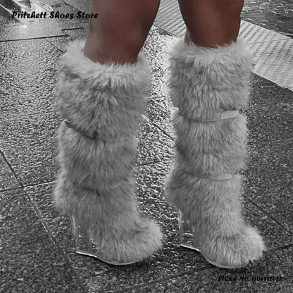 Women's Faux Fur Clear Wedges Boots Street Style Winter Warm Puffy Furry Boots Round Toe Slip On Belt Buckle Trending Shoes