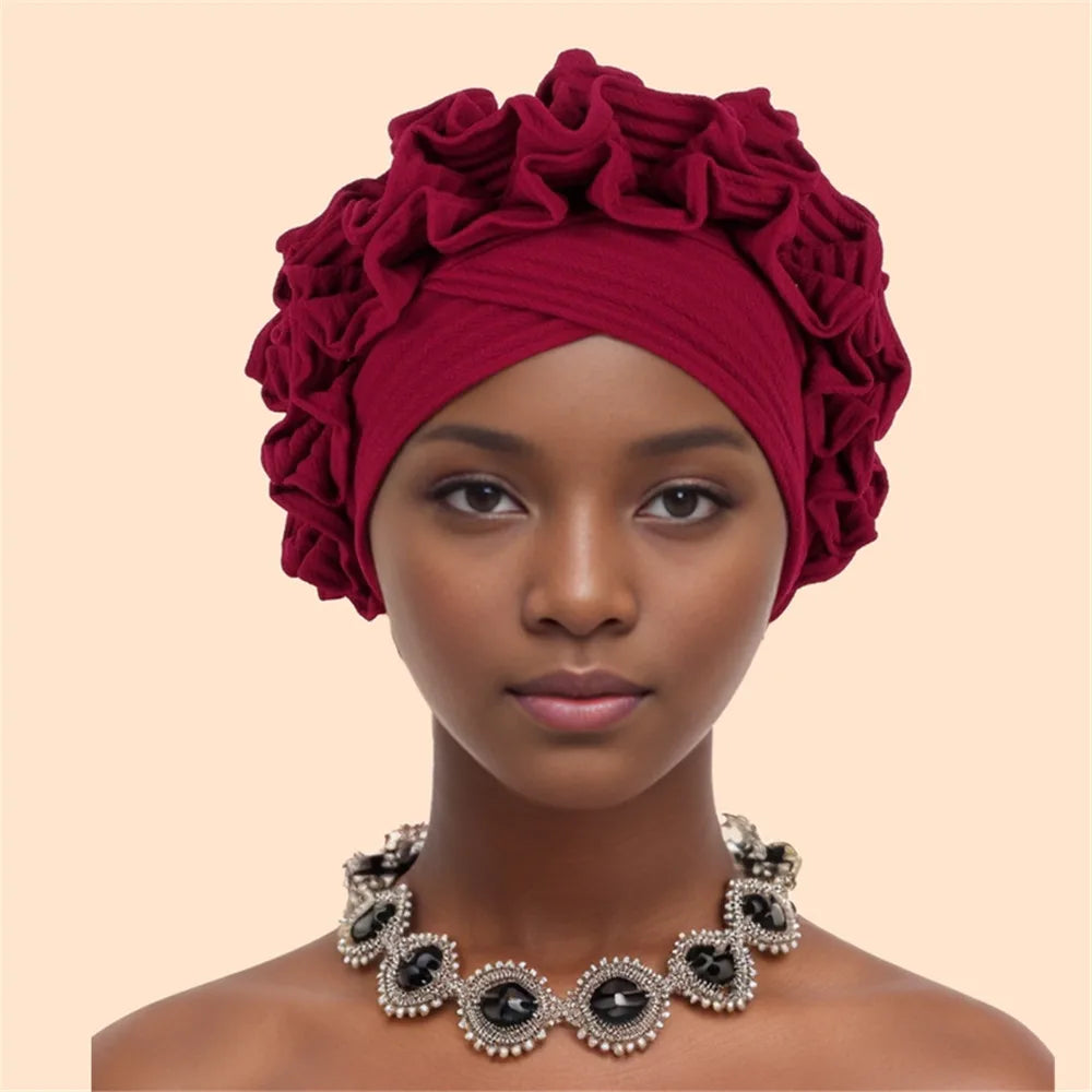 Ruffled Turban Cap Women's Head Wraps Soft Comfortable Headscarf Bonnet Lady Soild Color Headgear