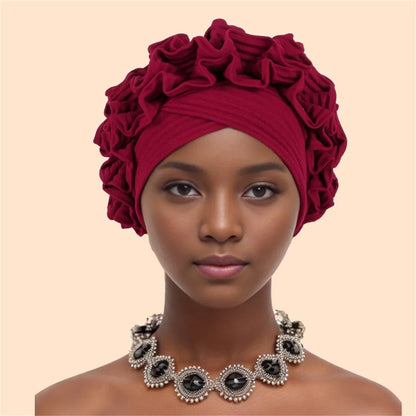 Ruffled Turban Cap Women's Head Wraps Soft Comfortable Headscarf Bonnet Lady Soild Color Headgear