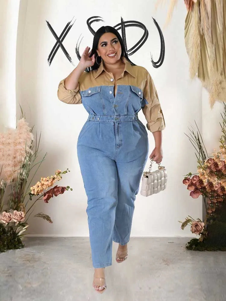Winter Jeans Jumpsuit for Women Simple and Elegant Long Straight Jumpsuits Plus Size Clothing Female Denim Cotton Jumpsuit