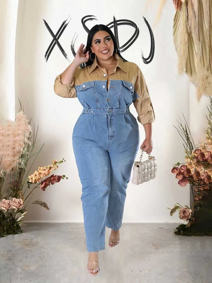 Winter Jeans Jumpsuit for Women Simple and Elegant Long Straight Jumpsuits Plus Size Clothing Female Denim Cotton Jumpsuit