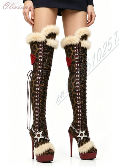 Y2K Style Leopard Over Knee High Heel Boots Ladies Faux Fur Heart Print Star Chain Peep Toe Lace‑Up Platform Stiletto Sexy Boots