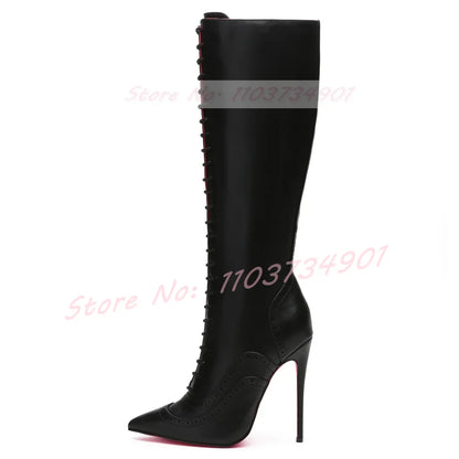Pink Sole Zipper Knee Length Boots Women Sexy Nightclub Lace Up Pointy Toe High Heels Boots Lady Party Nifty Punk Fashion Shoes