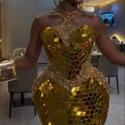 Luxury Golden Mirror Mosaic Bodycon Prom Dress Halter Neck Cutout Short Party Dress Sleveless Mini Nightclub Birthday Outfit