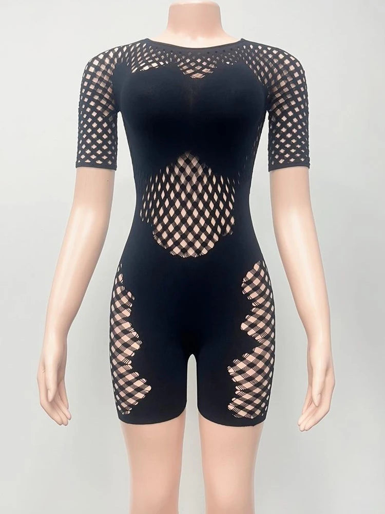 Weird Puss Hollow Patchwork Playsuit Women Sexy Exposed Coquette Summer Trend Skinny Hottie Midnight Club Party Stretch Romper