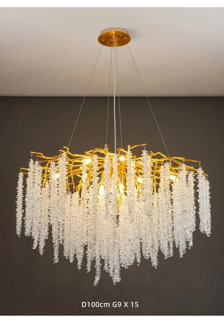 Modern Luxury Gold Branch Tassel Crystal LED Pendant Light Dining Room Living Room Indoor Home Decoration Atmosphere Fixtures