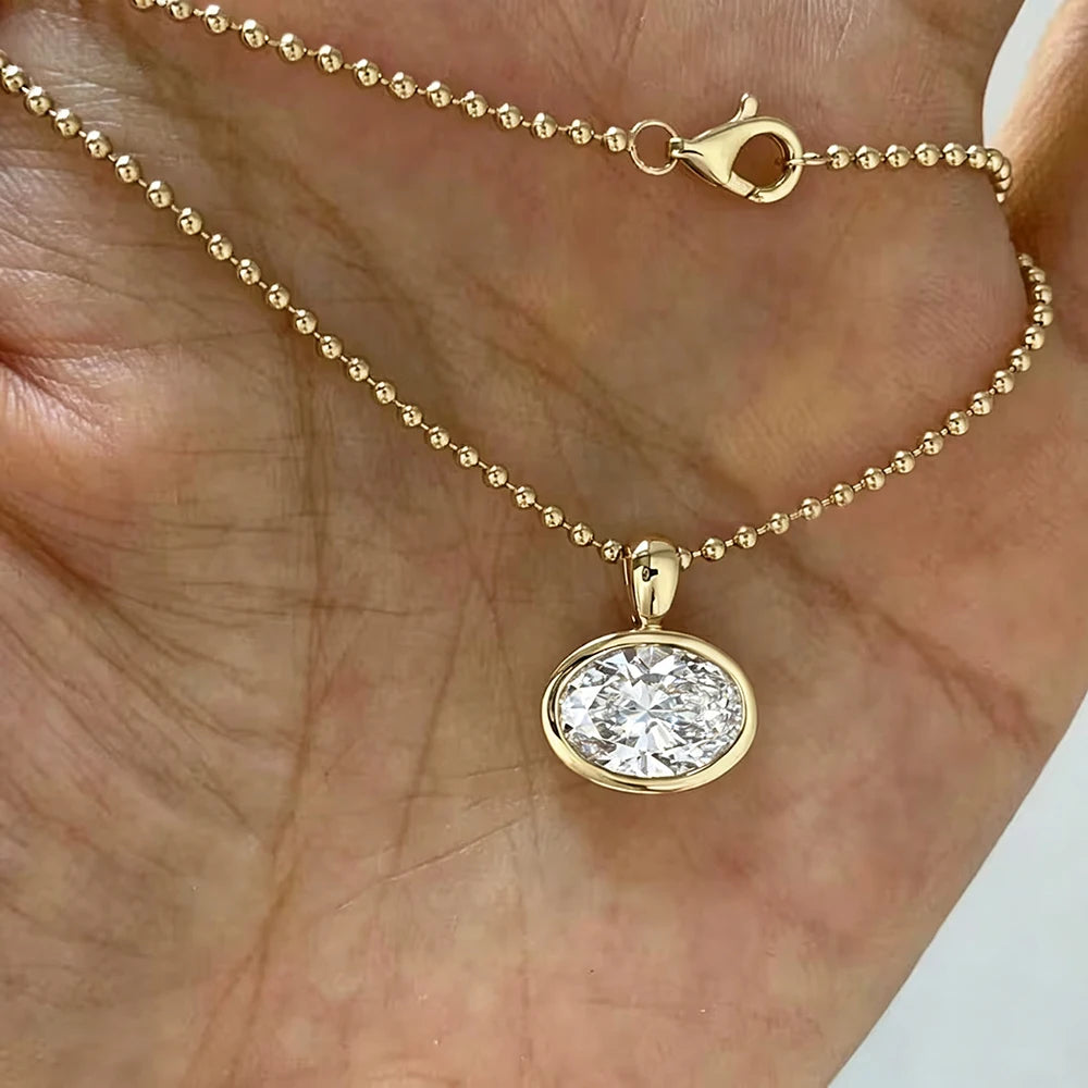GRA Certified 2/3/4ct East West Oval Cut Moissanite Pendant Necklace for Women Bezel Set Solitaire Diamond 925 Silver Bead Chain