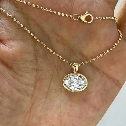 GRA Certified 2/3/4ct East West Oval Cut Moissanite Pendant Necklace for Women Bezel Set Solitaire Diamond 925 Silver Bead Chain