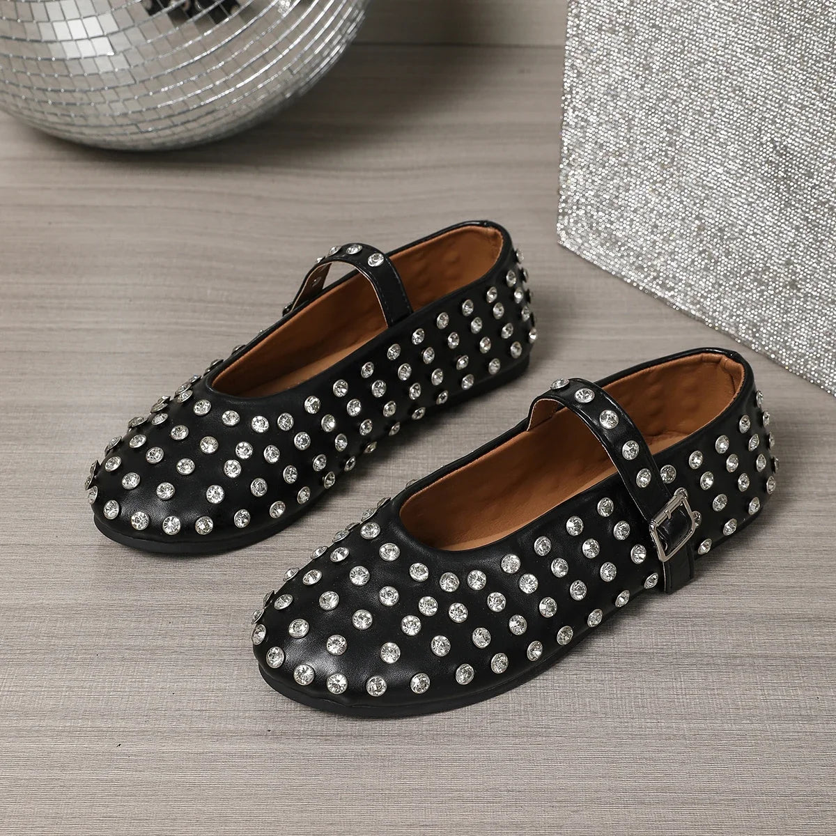 Women's Flat Dress Shoes Bottom Mary Jane Water Diamond Casual Dancing Shoes Genuine Leather Single Shoes Luxury Ballet Flats