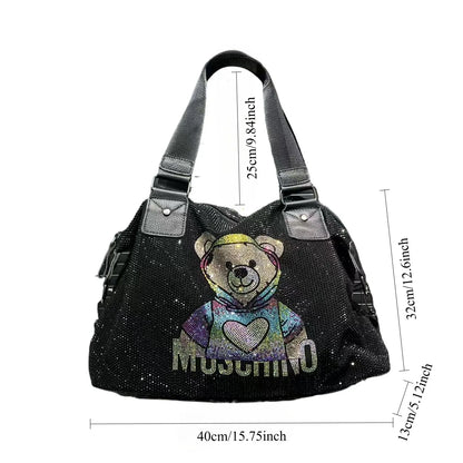 Ladies' fashionable diamond jewelry cute teddy bear handbag, large capacity, personalized, elegant, shiny shoulder bag