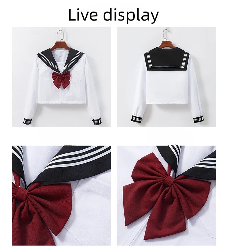 Japanese School Uniform Cute Girl Jk Suit Black Collar White Three-piece Suit Campus Sailor Suit Bow Long-sleeved Suit Uniform