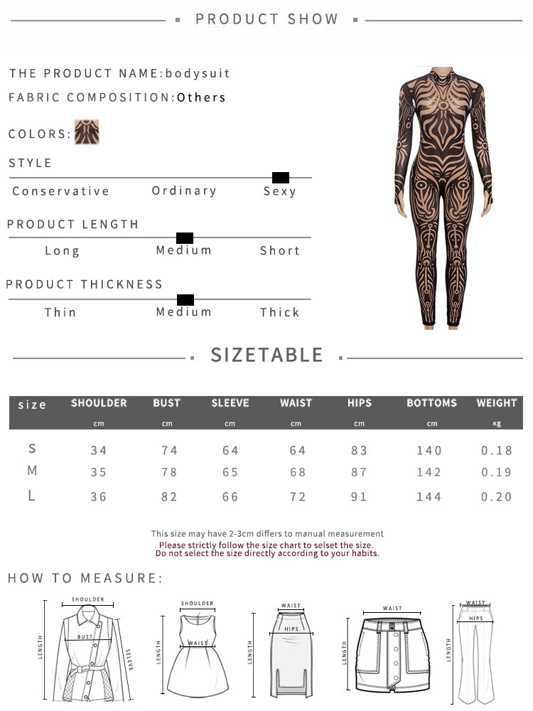 Sisterlinda Sexy Fashion Print Jumpsuits Woman Turtleneck Full Sleeve See Through Skinny Peach Hip Street Wild Style Overalls