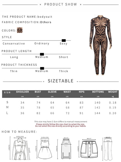Sisterlinda Sexy Fashion Print Jumpsuits Woman Turtleneck Full Sleeve See Through Skinny Peach Hip Street Wild Style Overalls