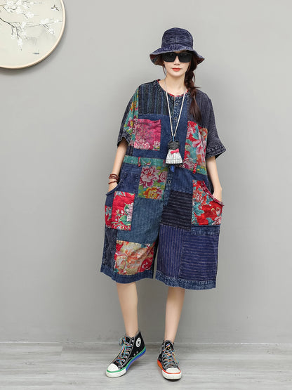 Unique Design Vintage-style Patchwork Large Floral Print Jumpsuit Women Summer Loose Casual Romper LX6155