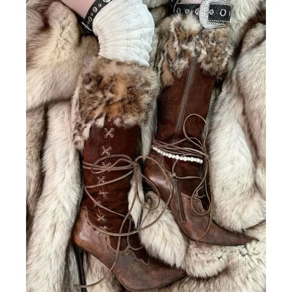 Vintage Leopard Fur Leather Brown Knee High Boots Women's Lace up Patchwork High Heels Zip Pointy Toe Long Boot Designer Shoes
