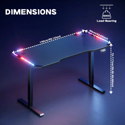 NEBMAAX Electric Height Adjustable Gaming Desk With RGB LED Strip Lights, Built-In Cup Holder Headset Hook Ergonomic Computer Game Table with Carbon Fiber Surface, 2 Memory Positions and 3 Sizes