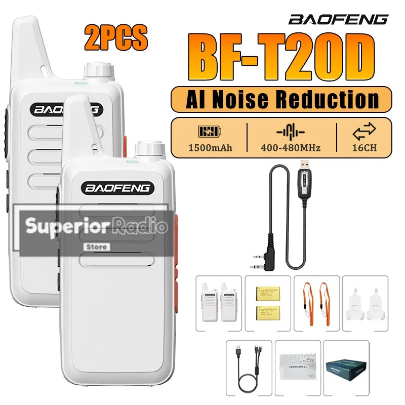 2/4PCS Baofeng BF-T20D Portable Walkie Talkie Type-C Charging 400-480Mhz AI Noise Reduction 16 Channels Mini Two Way Ham Radio
