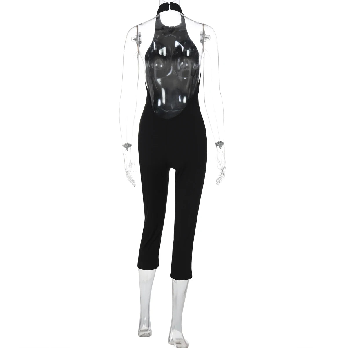Hugcitar Ribbed Halter Backless Solid Button Sexy Bodycon Skinny Jumpsuit Summer Women Fashion Vacation Romper Streetwear Club
