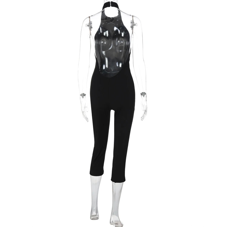Hugcitar Ribbed Halter Backless Solid Button Sexy Bodycon Skinny Jumpsuit Summer Women Fashion Vacation Romper Streetwear Club