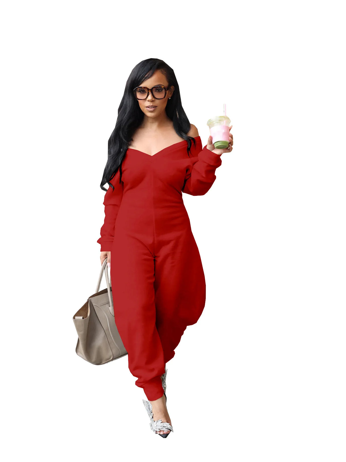 GLCMYAYA Women Long Sleeve V-neck Loose Jumpsuits 2025 Winter Autumn One Piece Set Party Casual Fitness Streetwear Outfits