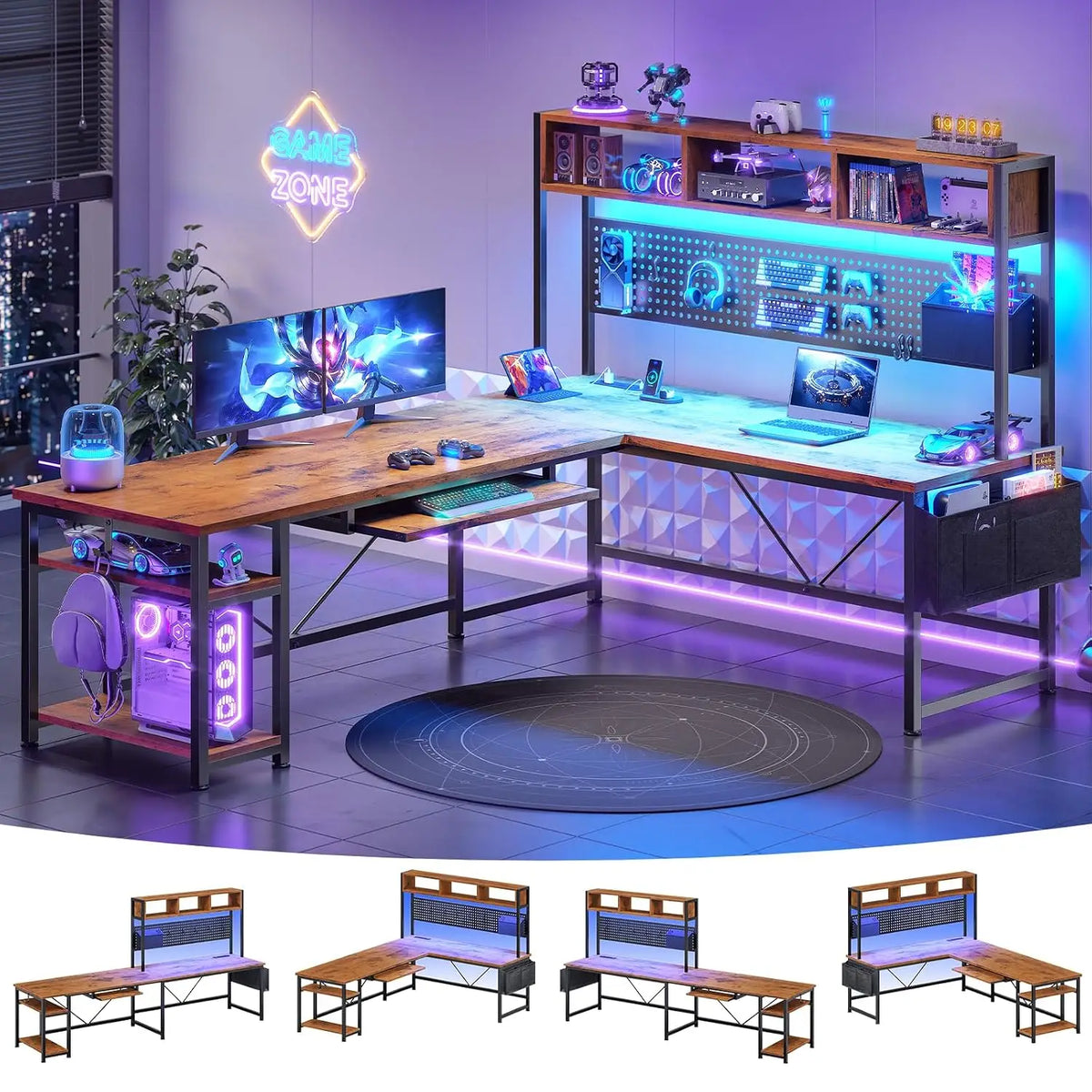 67" Reversible L Shaped Gaming Computer Desk, Pegboard, LED Lights, Power Outlet & Keyboard Tray for Home Office, Custom