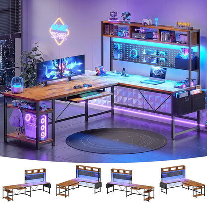 67" Reversible L Shaped Gaming Computer Desk, Pegboard, LED Lights, Power Outlet & Keyboard Tray for Home Office, Custom