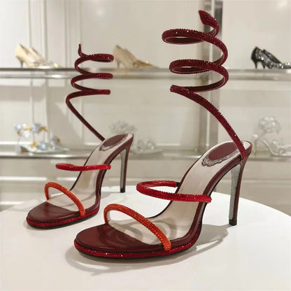 Summer Crystal Gladiator Sandals Women Rhinestone Twine Around Ankle Snake Wedding Shoes High Heels Sandals Woman