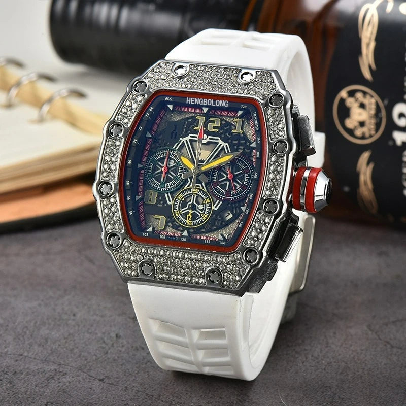 Hengbolong quartz watch men's popular wine barrel diamond-encrusted watch six-pin multi-function running second watch