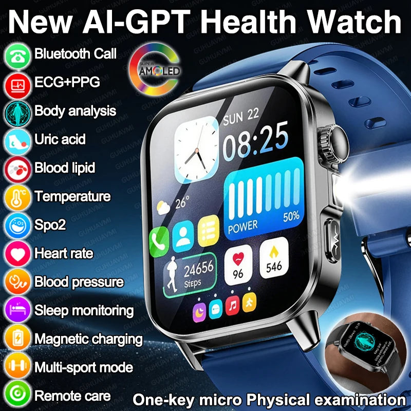 2026 New Body Analysis Health Smart Watch ECG+PPG Uric Acid Blood Pressure Blood Oxygen Clock Call AMOLED Smart Watch Men Women