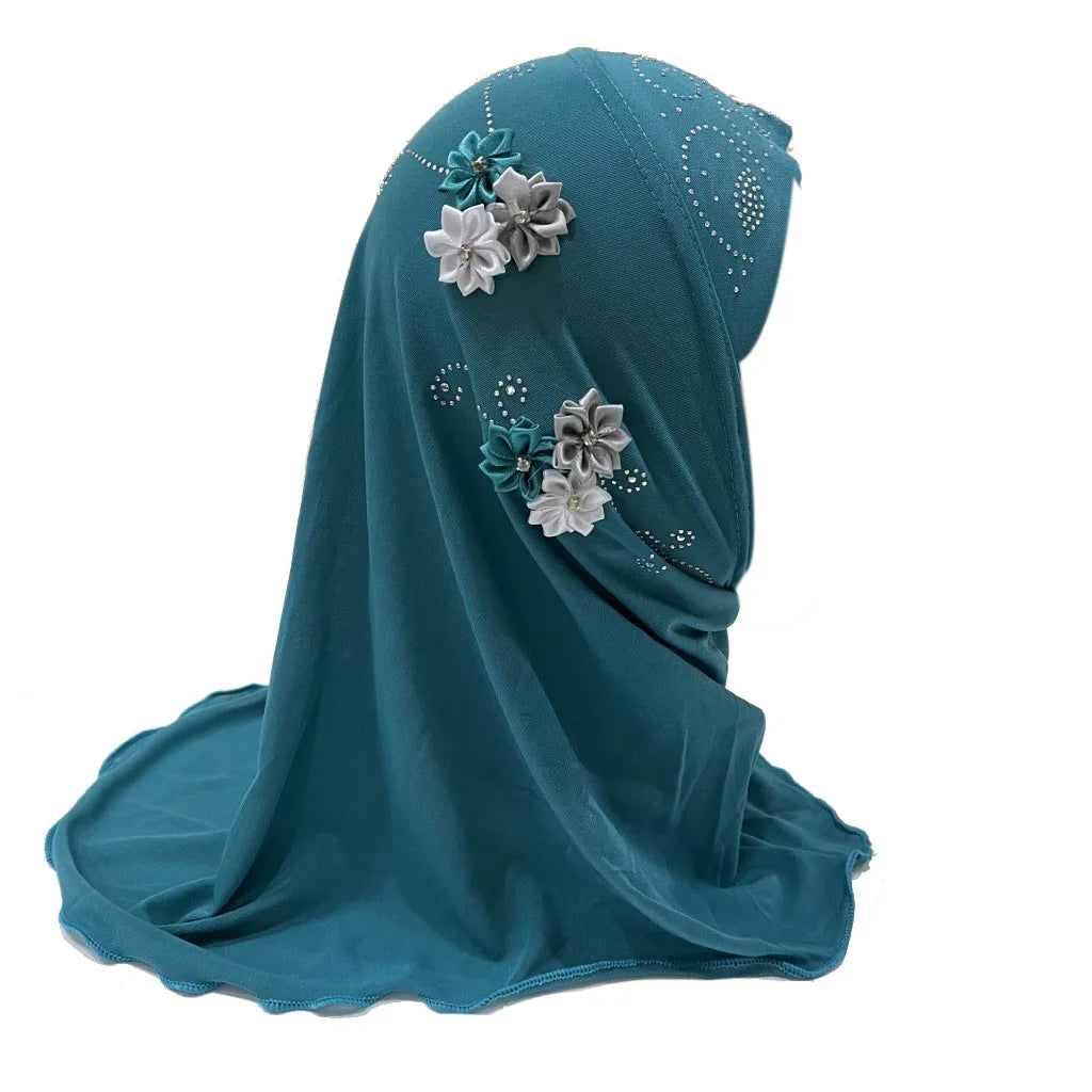BOHOWAII Kids Girls Muslim Instant Hijab Ready To Wear Islamic Shawls Turban with Flowers Scarfs Jersey Head Wrap (2-7 Y)
