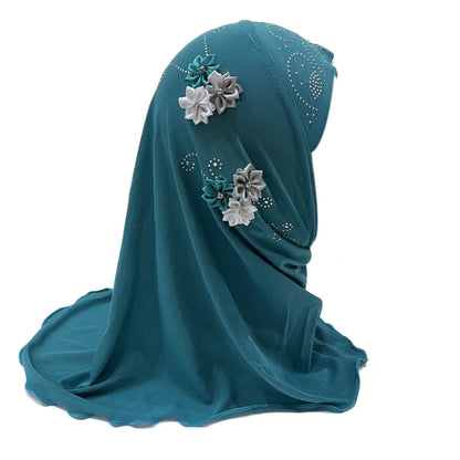 BOHOWAII Kids Girls Muslim Instant Hijab Ready To Wear Islamic Shawls Turban with Flowers Scarfs Jersey Head Wrap (2-7 Y)