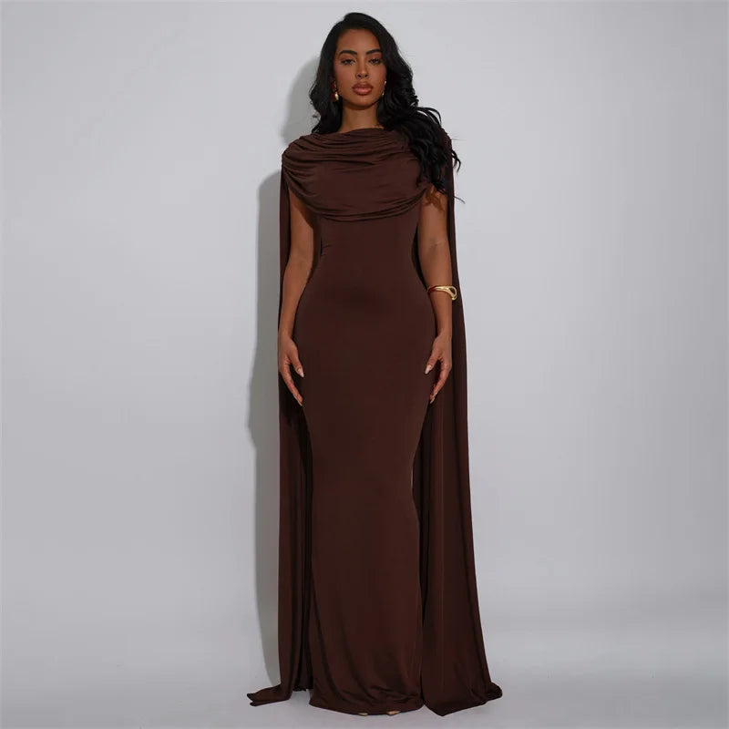 Doyerl Solid Backless Evening Dresses for Women Elegant Celebrity Night Club Fly Sleeve Ruched Party Prom Bodycon Maxi Dress