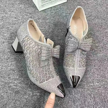 Women's Pointed Toe Sandals Luxury Breathable Mesh Bowknot Rhinestone Clear Elegant Mid-Heeled Simple Pump Shoes Mesh Sandals