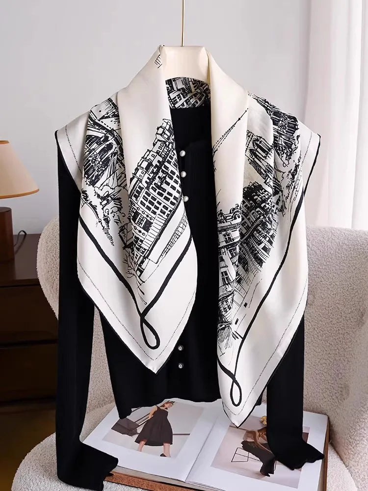 Black White View Print Twill Silk Scarf 90x90cm Women Fashion Square Neck Scarf Satin Kerchief Head Wrap Bandana Bag Decoration