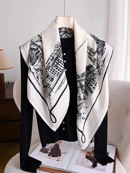 Black White View Print Twill Silk Scarf 90x90cm Women Fashion Square Neck Scarf Satin Kerchief Head Wrap Bandana Bag Decoration