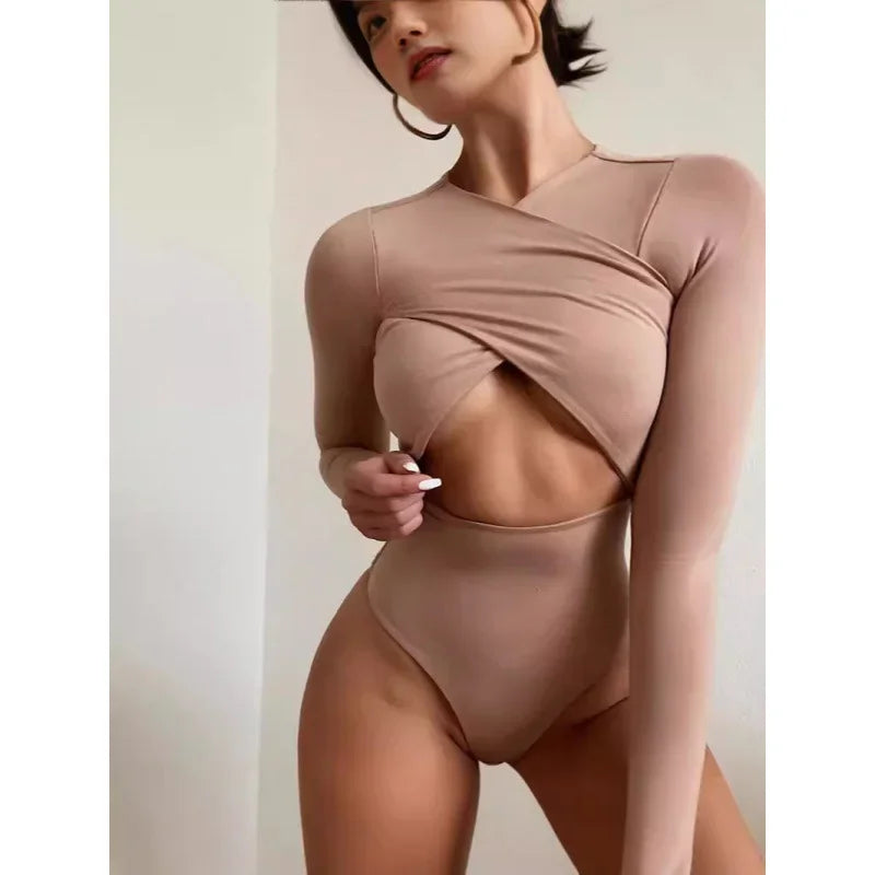Summer New Women's Jumpsuit Solid Color Cross Hollow Long Sleeve Revealed Waist Slimming Smooths Your Silhouette