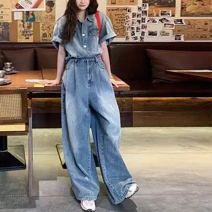 2026 Spring Denim Women Jumpsuit Straight Vintage Patch Pockets Long Sleeve Long Jumpsuits Female Elegant Fashion Chic Outfits
