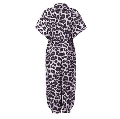 2025 Summer New Dot Leopard Print Jumpsuit Women Short Sleeve Leace-up Pocket Casual Jumpsuits Fashion Vintage Ladies Bodysuits