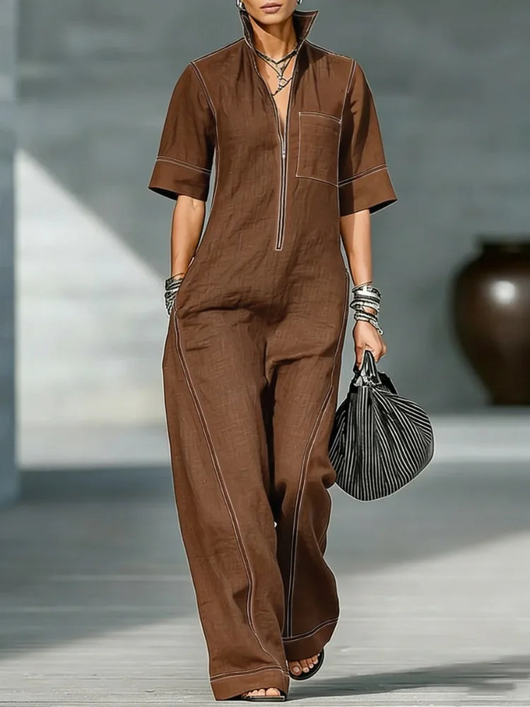 Yeezzi Women Vintage Contrast Stitch Wide Leg Jumpsuits 2026 New Half Sleeves Loose Zipper Pockets Casual Office Ladies Overalls