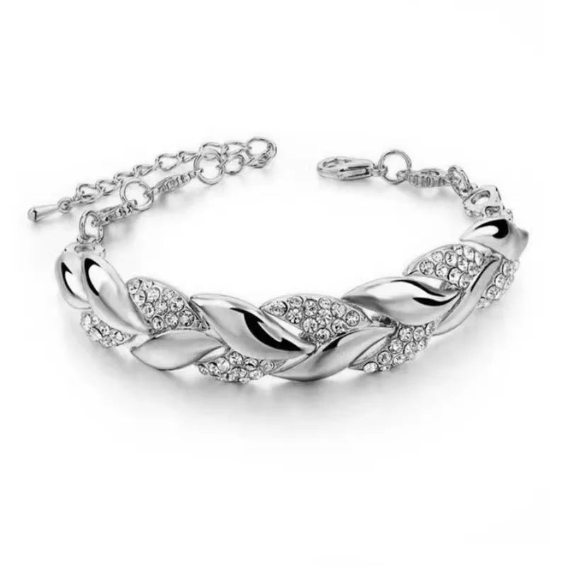 Luxury Love Braided Leaf Bracelet Charm Crystal Wedding Bracelets for Women Anniversary Valentines Day Gifts Aesthetic Jewelry
