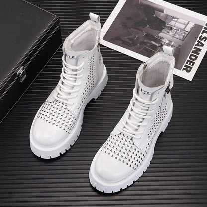 Summer Men's Hollow Ankle Boots Breathable Height-increasing Leather Motorcycle Boots Autumn Men Thick-soled High-top Shoes
