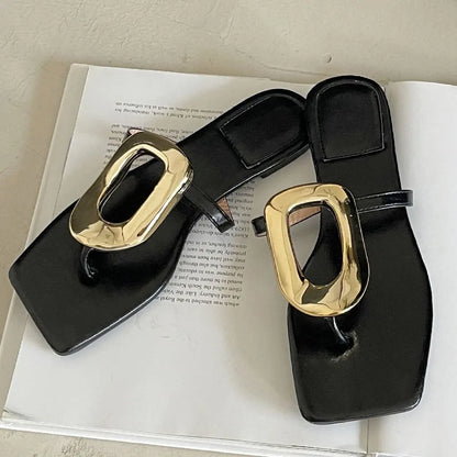 New In 2025 Luxury Women Slippers Summer Beach Fashion Metal Flip Flops Female Slides Slippers Ladies Flats Sandals Shoes