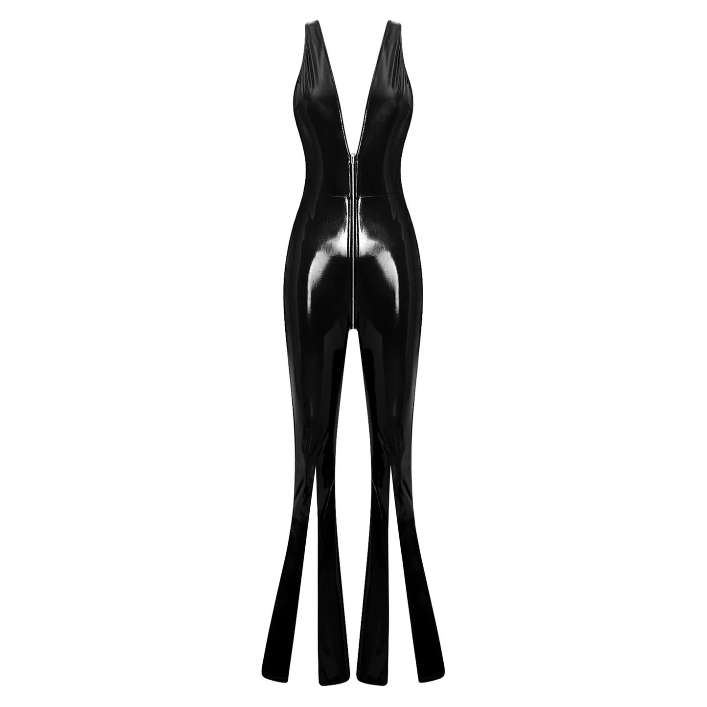 Women Glossy PU Flared Jumpsuit Deep V Neck Double-ended Zipper Split Bell Bottom Sleeveless Unitard Rompers Rave Party Clubwear