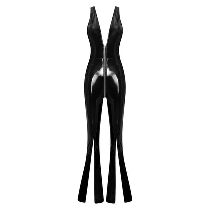 Women Glossy PU Flared Jumpsuit Deep V Neck Double-ended Zipper Split Bell Bottom Sleeveless Unitard Rompers Rave Party Clubwear