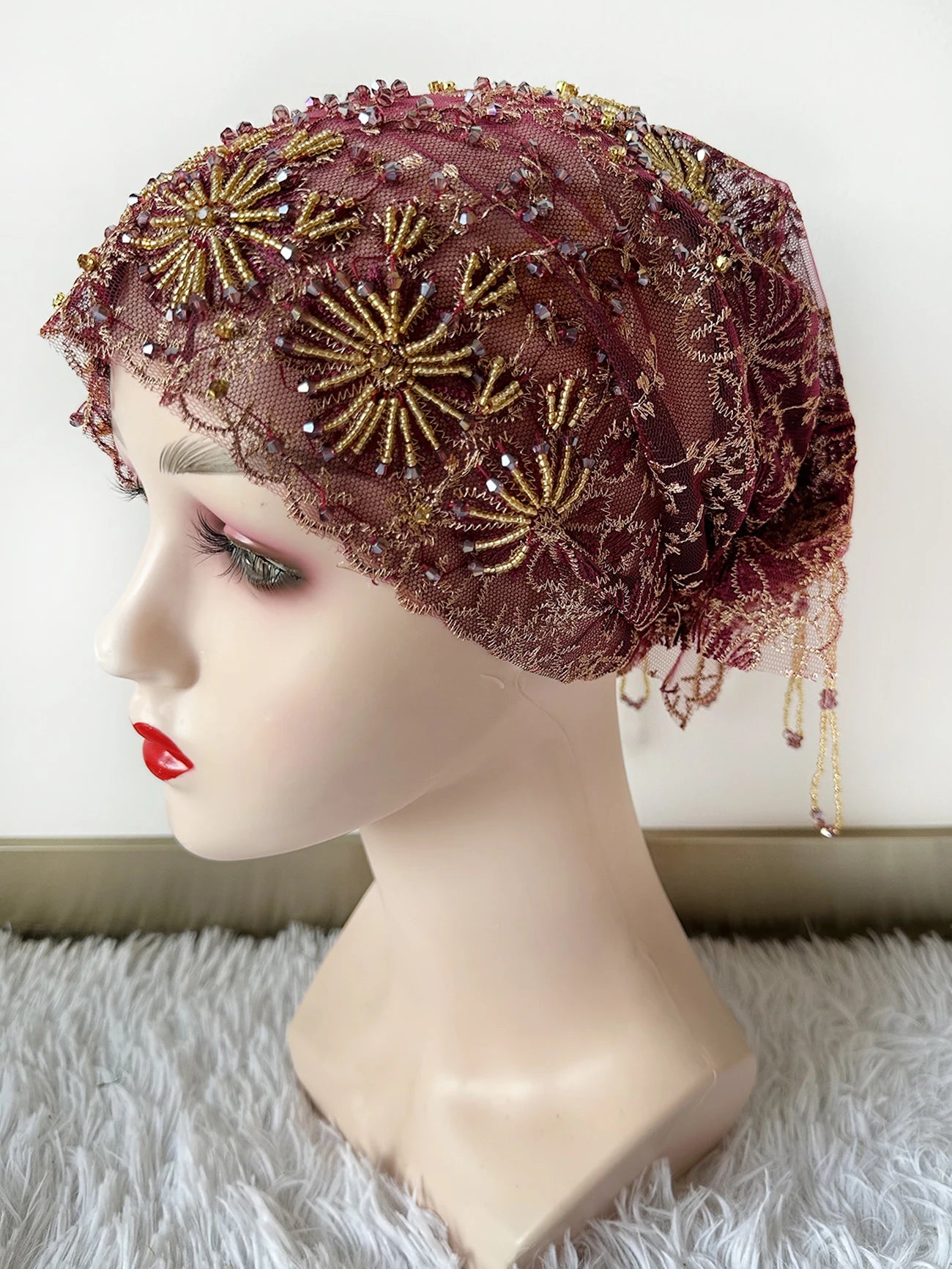 High Quality Lace handcrafted Beaded Turban Hat Female Head Wraps Caps Muslim Women Headscarf Bonnet Ready to Wear Inner Hijabs