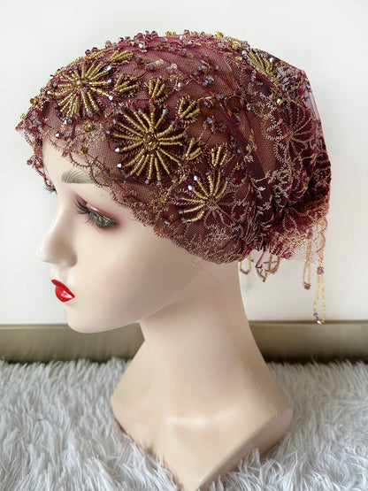 High Quality Lace handcrafted Beaded Turban Hat Female Head Wraps Caps Muslim Women Headscarf Bonnet Ready to Wear Inner Hijabs