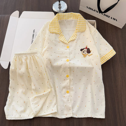 Women Summer Lapel Open Front Pajama Set Short Sleeve Top Shorts, Sweet Ins Teen Loungewear, Casual Daily Outdoor Home Wear Suit